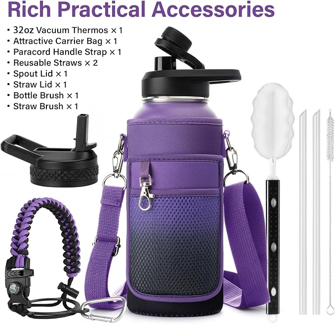Insulated Water Bottle | Thickened Stainless Steel Vacuum Metal | Portable Sports Water Jug for Gym and Hiking with Straw, Carrier Bag, Handle Strap | BPA-Free 32 oz-FlexoryFit