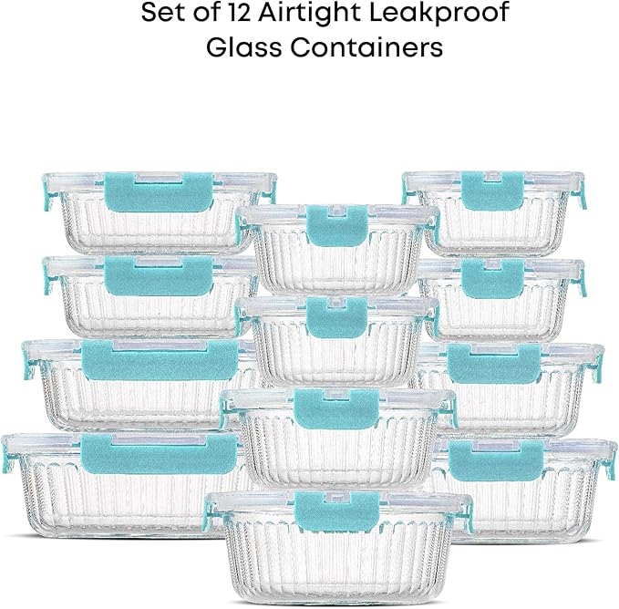 JoyJolt 24pc Borosilicate Glass Storage Containers with Lids | 12 Airtight/Freezer Safe Food Storage Containers for Pantry and Kitchen | Meal Prep Container for Lunch | Glass Tupperware Set-FlexoryFit