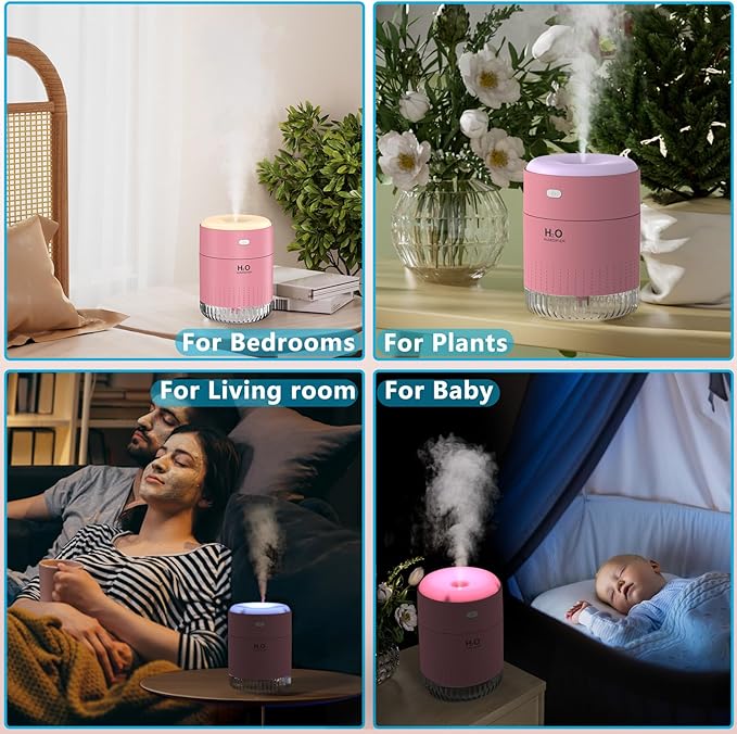 Colorful Mini Humidifier, USB Rechargeable Humidifier, 4 Modes Super Quiet, Humidifiers For Bedroom,Suitable For Travel Office Family-Rose Pink