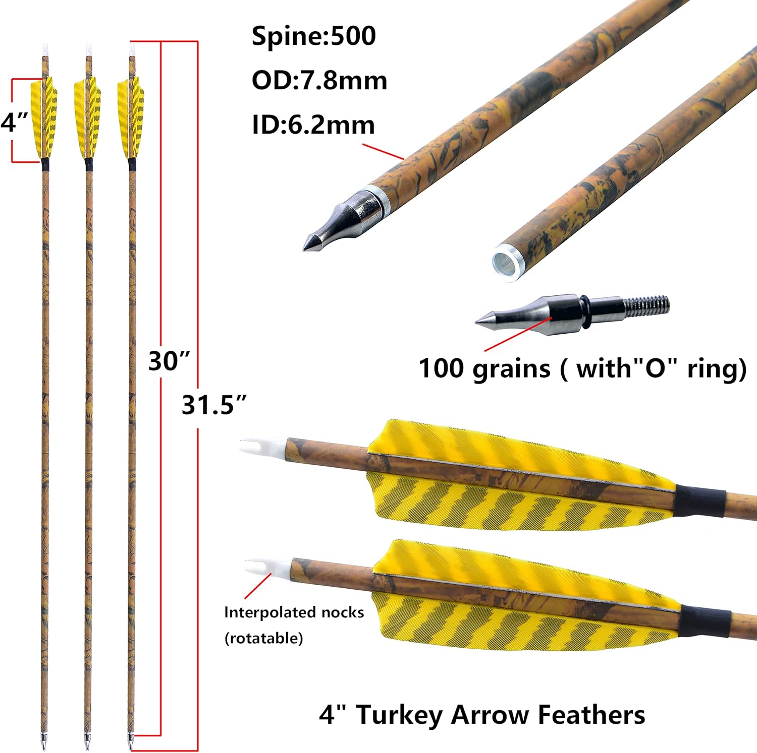 AMEYXGS Camo Carbon Arrow 30 Inch Practice Hunting Arrow Spine 500 with 4 Inch Turkey Feathers for Traditional Recurve Compound Bows