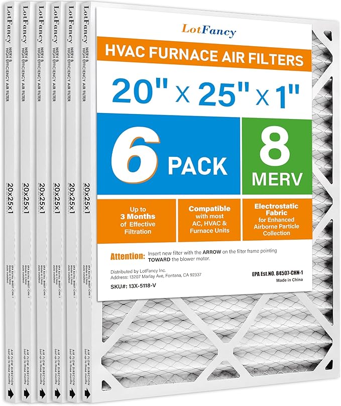 LotFancy 20x25x1 Air Filter MERV 8 Dust Defense (6-Pack) Pleated HVAC Furnace Air Filters, Replacement for Home AC & Heating Systems, Actual Size: 19.75" x 24.75" x 0.75"