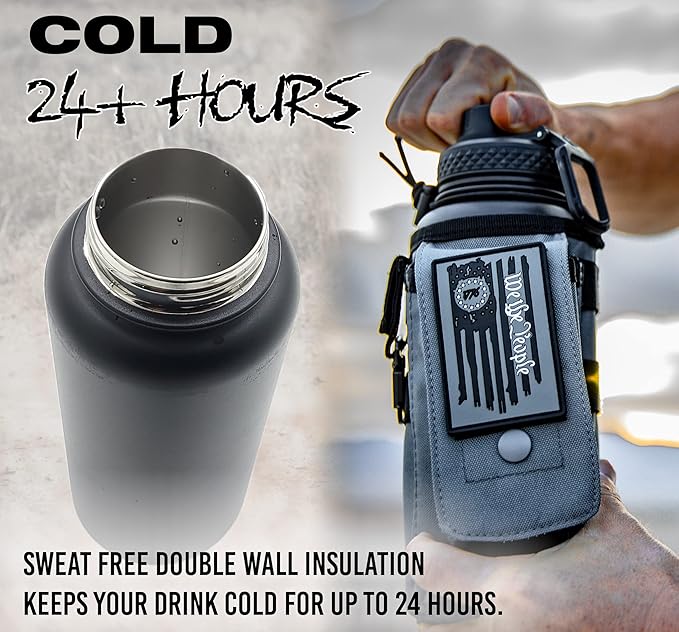 Iron Infidel Battle Bottle - 32 Oz Insulated Water Bottle with Straw Lid & Chug Cap, Stainless Steel Metal Tactical Flask with Rugged, Removable Sleeve for Keys & Phone or Wallet (Betsy Ross 1 Liter)-FlexoryFit