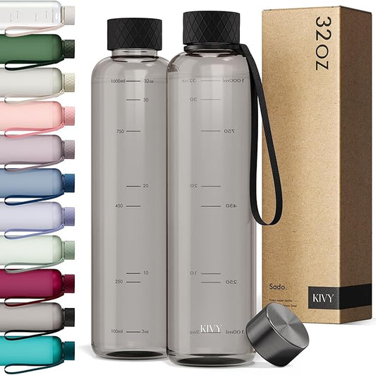 KIVY Slim Water Bottle 32oz [Lightweight & Shatterproof] Fits Backpack & Cupholder for Travel, Sports, School, Gym - Clear water bottle with measurements - Transparent Tritan Black - Dishwasher Safe-FlexoryFit
