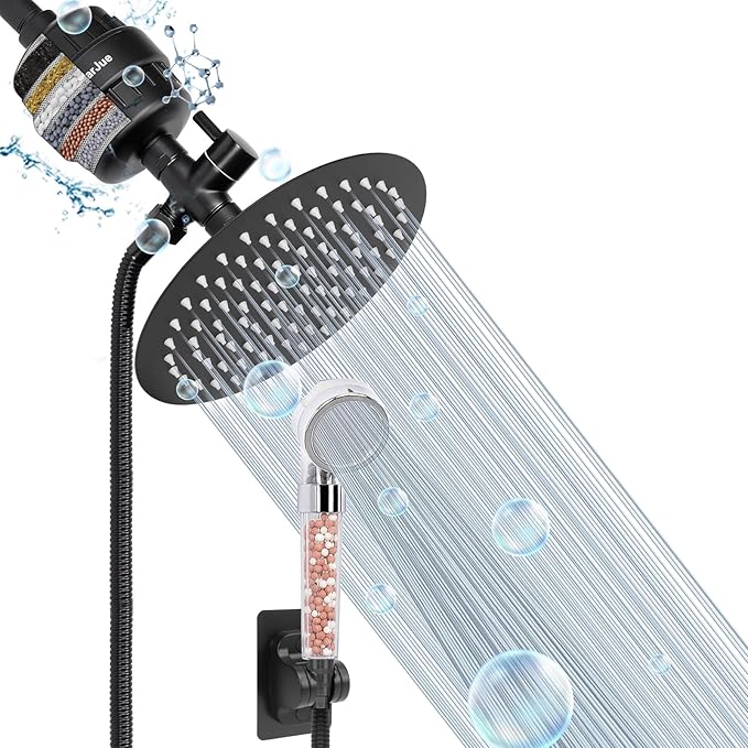 HarJue Filter Shower Head, High Pressure 8 Inch Rainfull with Filter Combo for Hard Water, Remove Chlorine Fluoride and Harmful Substances- 1 Replaceable Filter Cartridge (Round, Matte Black)