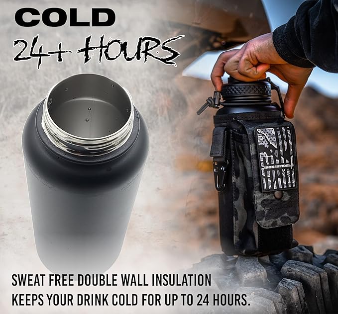 Iron Infidel Battle Bottle - 32 Oz Insulated Water Bottle with Straw Lid & Chug Cap, Stainless Steel Metal Tactical Flask With Rugged, Removable Sleeve for Keys & Phone or Wallet (Black Camo 1 Liter)-FlexoryFit
