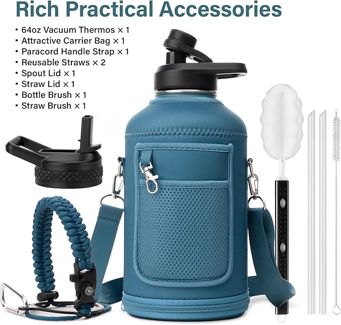 Insulated Water Bottle | Thickened Stainless Steel Vacuum Metal | Portable Sports Half Gallon Large Water Jug for Gym and Hiking with Straw, Carrier Bag, Handle Strap | BPA-Free 64 oz-FlexoryFit