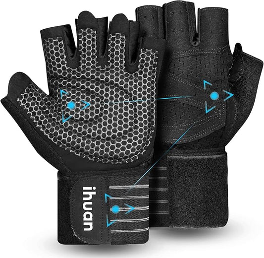 ihuan Ventilated Weight Lifting Gym Workout Gloves with Wrist Wrap Support for Men & Women, Full Palm Protection, for Weightlifting, Training, Fitness, Hanging, Pull ups-FlexoryFit