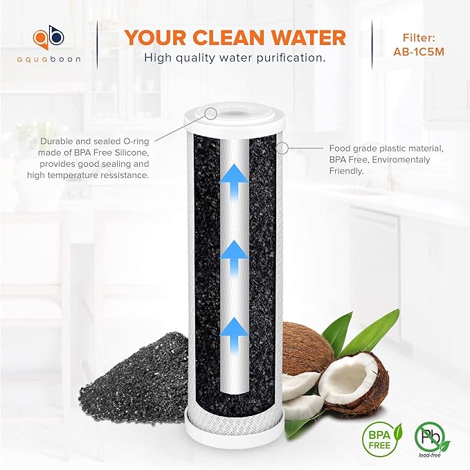 Aquaboon 5 Micron 10 x 2.5 Carbon Block Water Filter Cartridge CTO Whole House Water Filter Replacement Compatible with WHKF-WHWC, FXWTC, 6-PACK