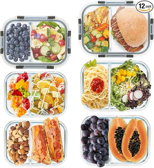 2 Compartment Glass Meal Prep Containers, 6 Pack Reusable Food Storage Containers with Lids, Lunch Containers for Adults, Portion Control, Airtight, Freezer to Microwave Safe(34oz+22oz)-FlexoryFit