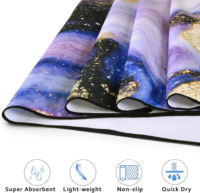 QIYI Large Yoga Mat Towel with Corner Pockets, Non Slip Sweat Absorbent Hot Yoga Towels, Soft Yoga Blankets with Travel Bag, Skidless Mat Cover for Workout, Gym, Fitness - 74"x26", Purple & Pink Grain-FlexoryFit