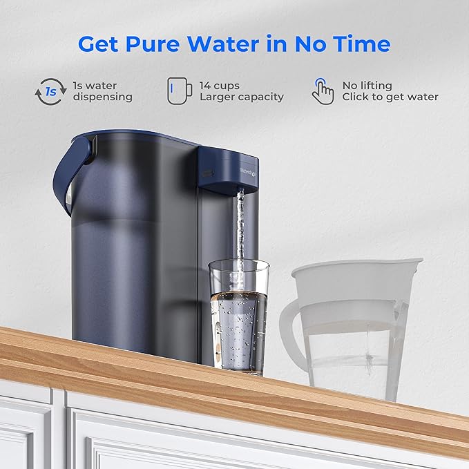 Waterdrop Compact Electric Water Filter Pitcher, 200-Gallon Rechargeable Instant Powerful Dispenser, NSF/ANSI 42&53&401, Reduce PFAS, Lead, Chlorine, 14-Cup, Blue, with 1 Filter, Does not Lower TDS