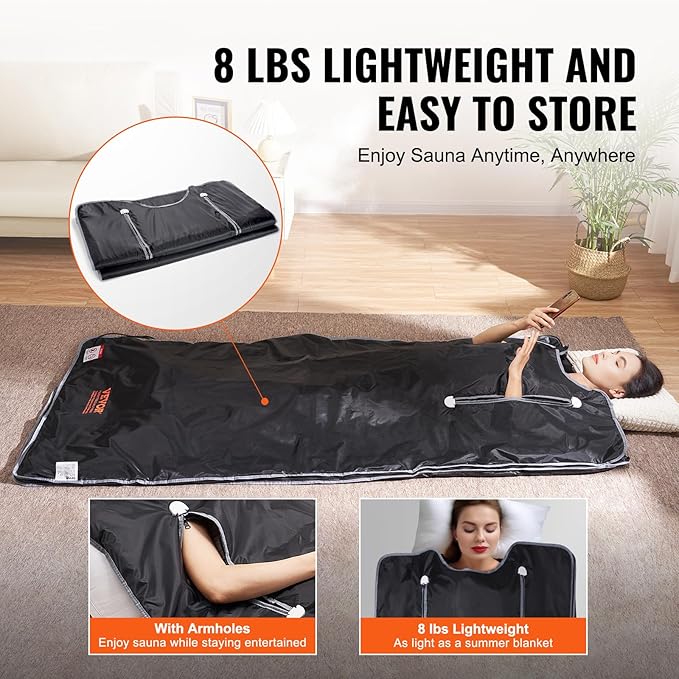 VEVOR Sauna Blanket, Compact Infrared Home Sauna with Oxford Fabric, Features Arm Openings & Carbon Fiber Warmers, Temp Settings 95-176℉, Timer 5-60 Mins, 75x35 inches