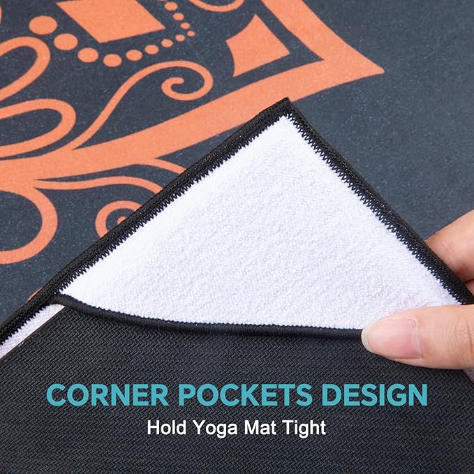 QiyI Yoga Mat Towel with Corner Pockets, Non Slip Sweat Absorbent Hot Yoga Towels, Soft Yoga Blankets with Travel Bag, Skidless Mat Cover for Workout, Gym, Fitness - 70"x26", Luxury Golden Mandala-FlexoryFit