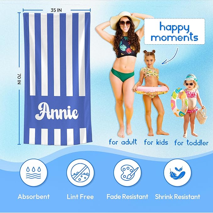 JML Personalized Beach Towel with Name, Custom Cabana Stripe Beach Towel, Customized Microfiber Pool Towel, Quick Dry & Absorbent Swim Towel for Adult,Mother's Day, Birthday, Summer Holiday,Vacation-FlexoryFit