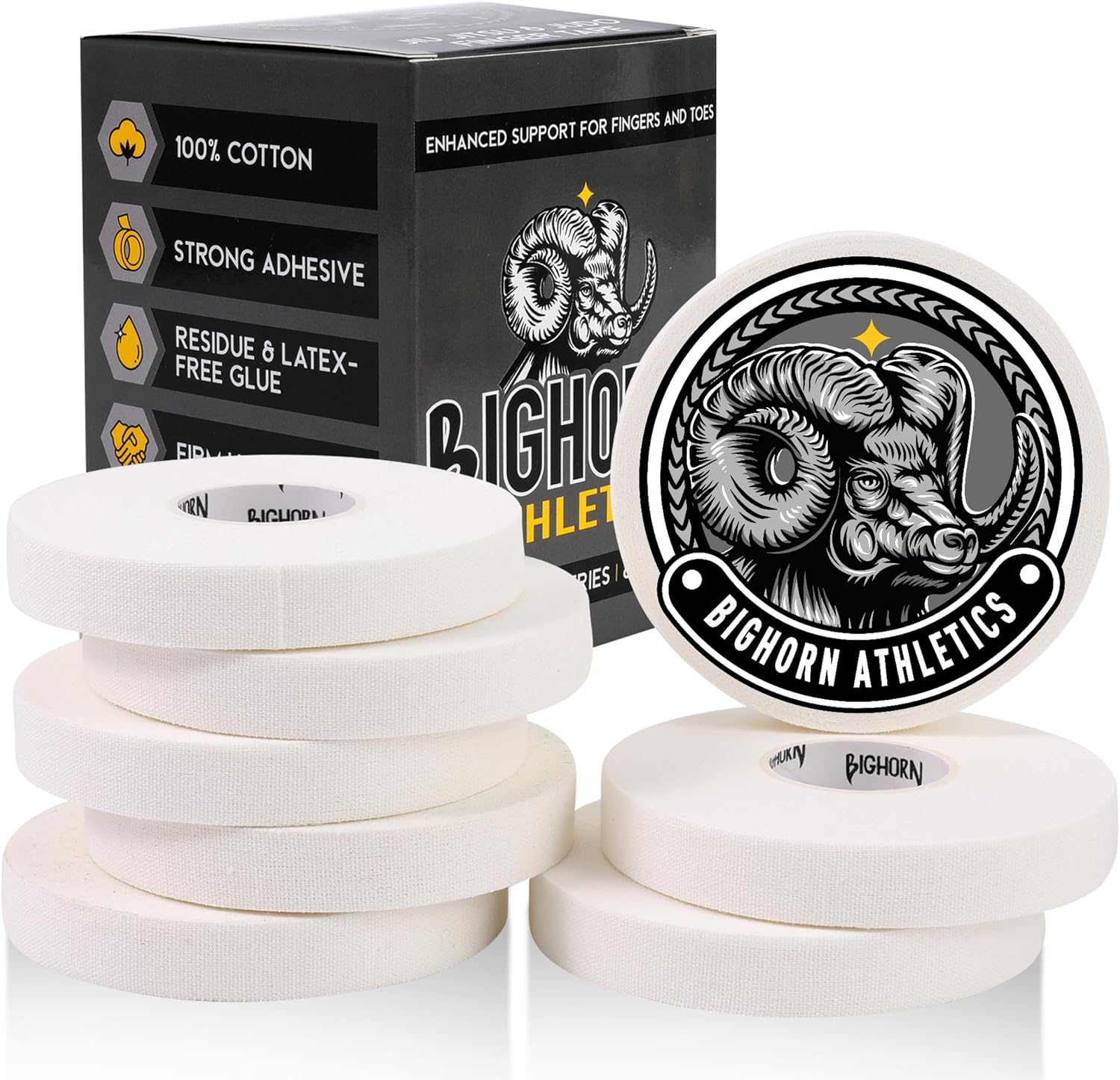 Bighorn Athletics Jiu Jitsu Finger Tape, Rock Climbing Tape | Multipurpose for Sports & Injuries: MMA, Volleyball, Football, Basketball, Tennis, Golf, Hands & Toes, 0.5-Inch x 45-feet, 8-Rolls, White
