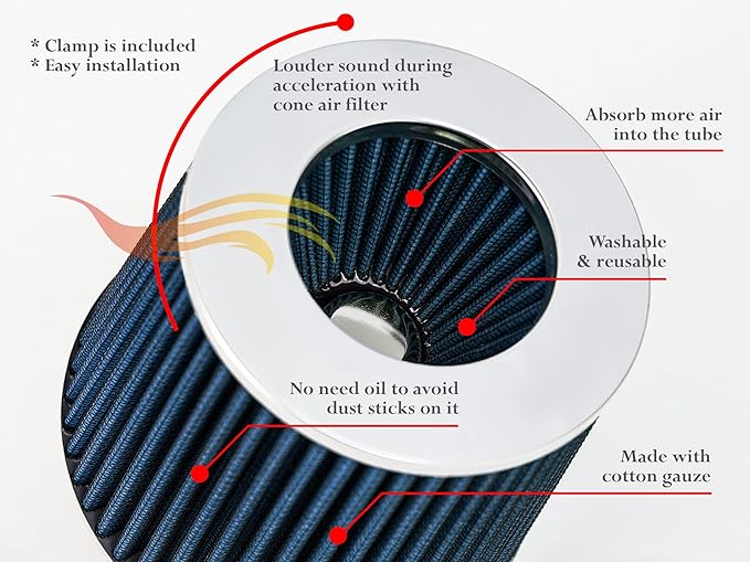 BLUE 3" 76 mm Inlet Cold Air Cone Replacement Performance Washable Clamp-On Dry Air Filter