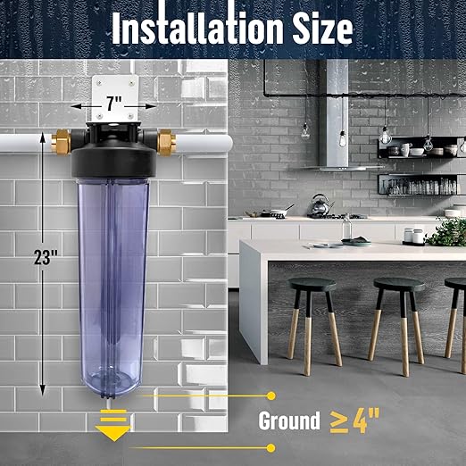 High Capacity 20 x 4.5” Whole House Filter Purifier System for Well or City Water, Presser Relief Button, 1” NPT Brass Port, Double O-Ring, Meets NSF Standards & Regulations (Transparent, 3 Sets)