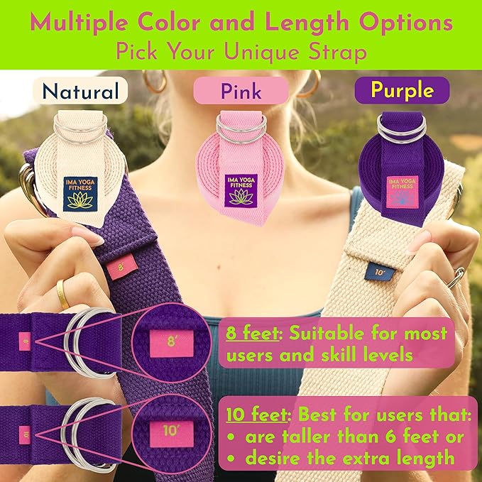 Adaptive Yoga Strap, Stretching Strap, 2 Inches Wide, 100% Naturally Soft Cotton, Steel D-Rings, Includes Natural Cotton Drawstring Storage Pouch and Instructional E-Book-FlexoryFit