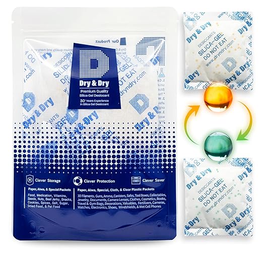Dry & Dry 50 Gram [120 Packs] Orange Indicating(Orange to Dark Green) Mixed Silica Gel Packets - Food Safe Rechargeable Silica Packets Desiccants Silica Gel Packs Silica Gel Packets