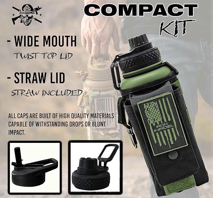 Iron Infidel Battle Bottle - 32 Oz Insulated Water Bottle with Straw Lid & Chug Cap, Stainless Steel Metal Flask Includes Rugged, Removable Sleeve for Keys, Wallet, & Phone (Widowmaker 1 Liter)-FlexoryFit