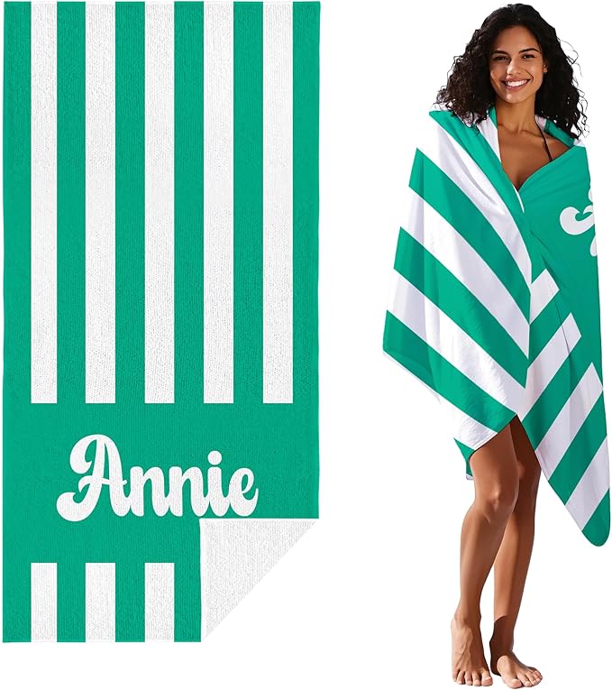 JML Personalized Beach Towel with Name, Custom Cabana Stripe Beach Towel, Customized Microfiber Pool Towel, Quick Dry & Absorbent Swim Towel for Adult,Mother's Day, Birthday, Summer Holiday,Vacation-FlexoryFit