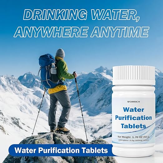 500mg Water Purification Tablets (100 Count) - Water Purifier Tablets for Emergency Water - Hiking, Camping, Survival, Backpacking, RVs - Water Purifier Treatment Tablets for Safe Drinking Anywhere