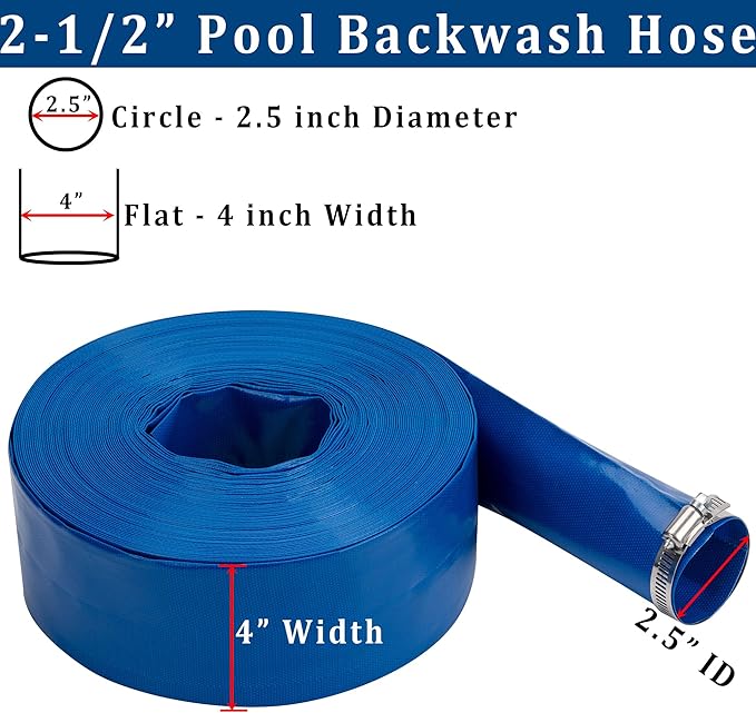 2-1/2 in x 50 ft Pool Backwash Hose Heavy Duty Drain Discharge Double PVC Lay flat General Purpose Vinyl Hose, Burst Resistant for Water Transfer Sump Pump Pool Filter (2.5in 50ft fiber reinforced)