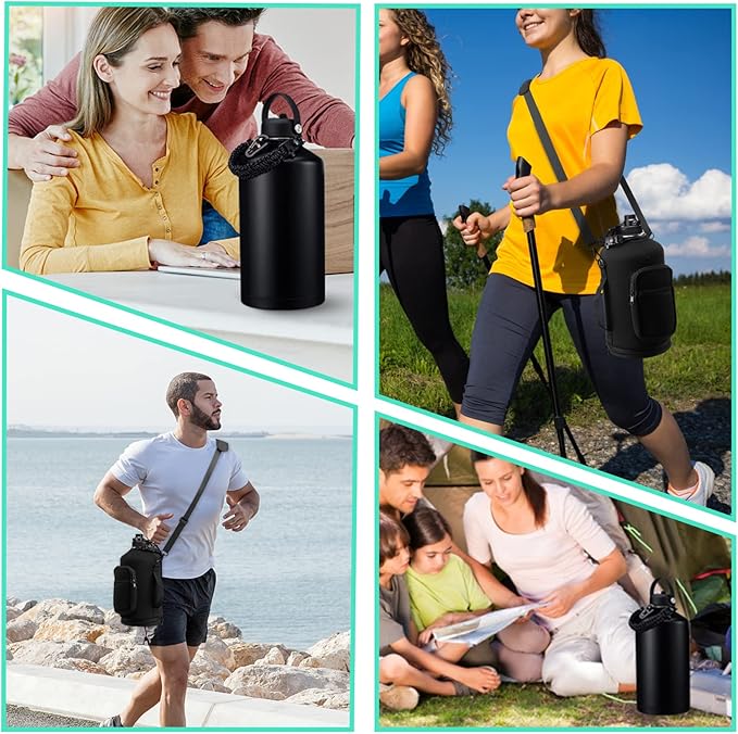 128OZ Insulated Water-Bottles with Strap - 1 Gallon Large Water Jug with Straw & Spout Lid, Stainless Steel Water Bottle Leak Proof, Cold-48h Hot-24h Metal Water Flask w/Paracord Handle, Carrier Bag-FlexoryFit