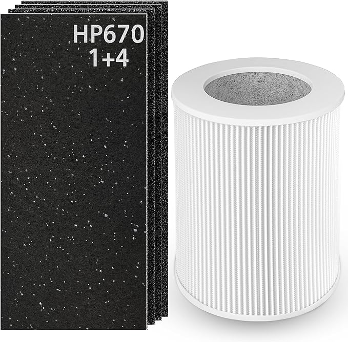 HP670 Replacement Filter Compatible with Hunter HP670 Large Tower True Air Cleaner Purifier, Compare to Part# H-HF670-VP, 1 x Premium Filter + 4 x Activated Carbon Filters