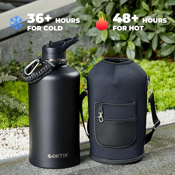 2 Pack 128 oz Insulated Water Bottle, Triple Wall Stainless Steel Flask, Keeps Drinks Cold for 48 Hrs Leak-Proof & BPA-Free Half Gallon Jug with Paracord Handle, Straw & Spout Lids(2 pack,Black)-FlexoryFit
