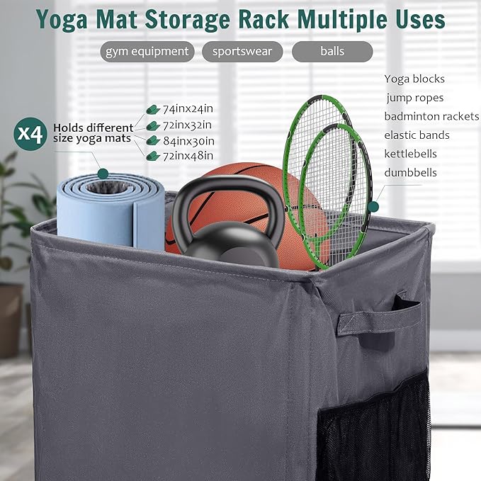 Yoga Mat Storage Racks, Home Gym Storage Rack with Wheels, Yoga Mat Holder Side 2 Mesh Pockets, Yoga Storage Basket Holds 4 Yoga Mats, 2 Foam Rollers, 6 Resistance Bands-FlexoryFit