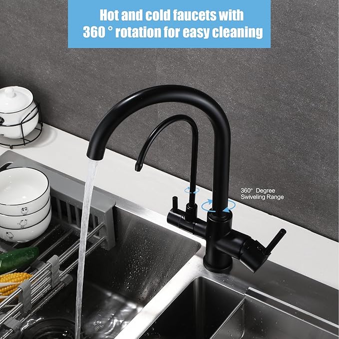 HUAHUALALA Kitchen Faucet with Filter Purifier, 3 in 1 Kitchen Faucet, 2 Handle Brass Drinking Water Faucet Reverse Osmosis Matte Black