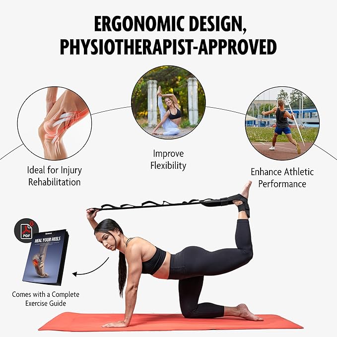 DMoose Fitness Foot & Calf Stretcher with Adjustable Padded Stretching Strap for Plantar Fasciitis, Hamstring, Heel Spurs and Achilles Tendonitis Relief - Yoga Leg Stretch Strap for Flexibility-FlexoryFit
