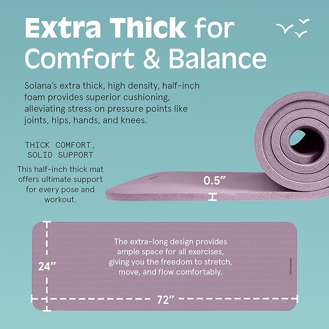 Retrospec Solana Yoga Mat 1/2" Thick w/Nylon Strap for Men & Women - Non Slip Exercise Mat for Yoga, Pilates, Stretching, Floor & Fitness Workouts-FlexoryFit