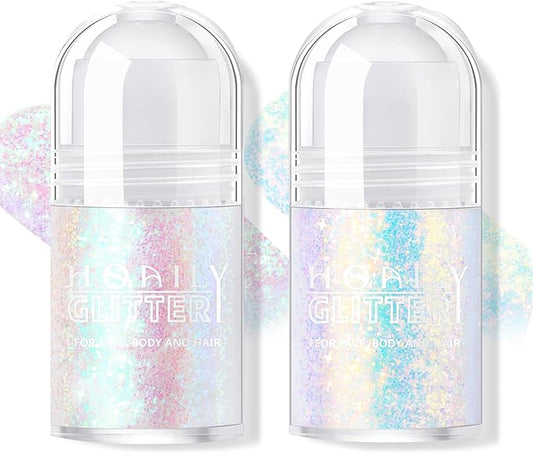2 Colors Roll-on Body Glitter Gel, Holographic Glitter Gel Under Light for Face Hair, Body Shimmer for Rave Accessories Christmas New Year Halloween Makeup (11+12)-FlexoryFit