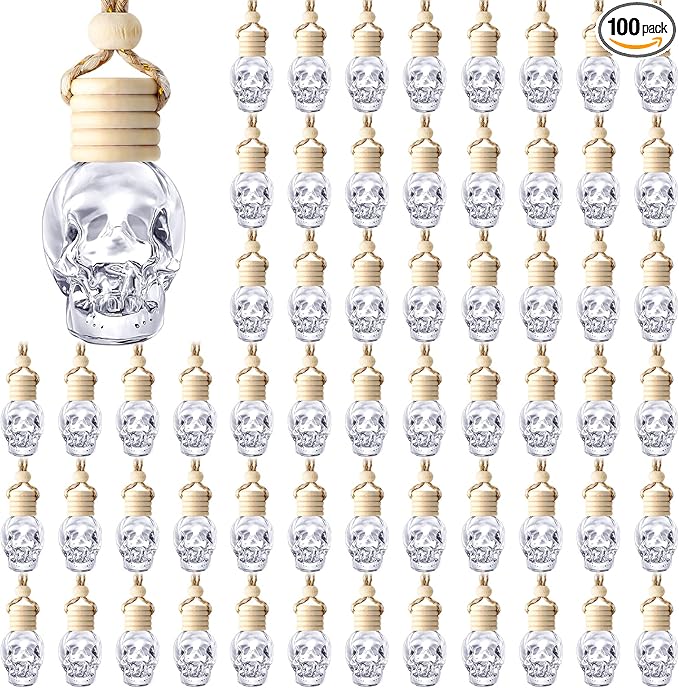 BBTO 100 Pcs Car Air Fresheners Diffuser with Wooden Cap - Empty Aromatherapy Diffuser Clear Fragrance Holder Pendant Hanging Perfume Fresheners for Car Decor (Clear Spooky)