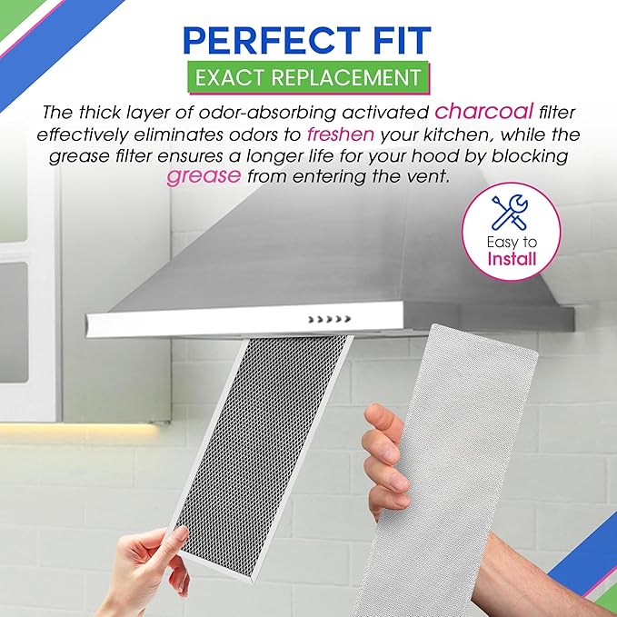 Stove Hood Vent Grease Filter 99010370 and Charcoal SB08999040 - Compatible with Broan Range Hood Filter Replacement - Filters Combo Pack for Ductless Oven - Absorb Odors and Freshens the Air (1 Set)