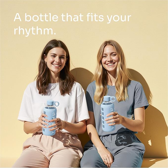 purifyou 40oz / 32oz / 22oz / 12oz Borosilicate Glass Water Bottle with Time & Volume Markers, Silicone Sleeve, Stainless Steel Lid | Reusable Glass Bottle for Water & Juice (22oz Ice Blue)