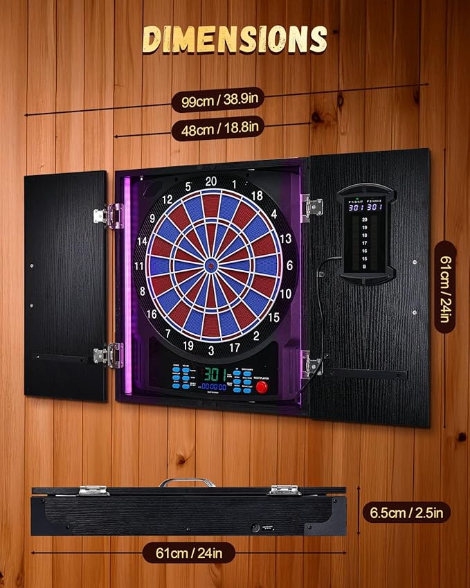 Electronic Dart Board, Electric Dartboard Cabinet Set for Adults [6 Soft Tip Darts] Individual Light Color for Each Player- Wooden Dartboard Cabinet for Family Game [Black]
