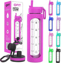 FIT Strong & Healthy 32 oz Glass Water Bottle with Straw Lid, Time Marker, Sleeve & Extra Lid - Motivational, Wide Mouth 1 Liter Glass Drinking Bottle