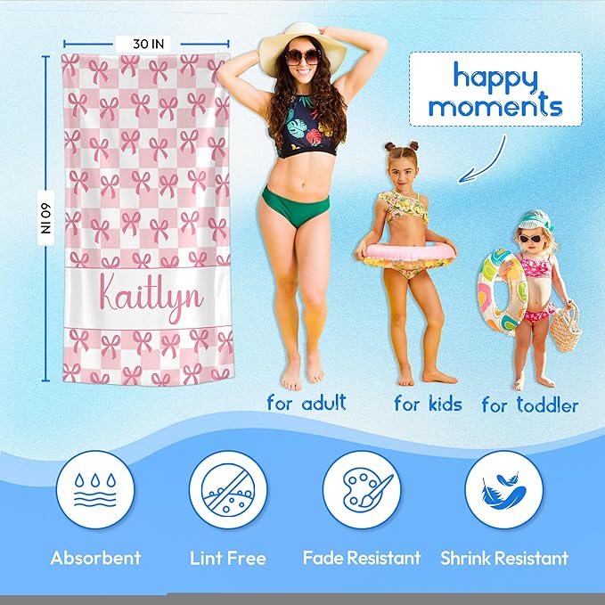 JML Personalized Beach Towel with Name, Custom Beach Towel with Text, Customized Bow Microfiber Pool Towel, Quick Dry & Absorbent Swim Towel for Adult,Anniversary, Birthday, Summer Holiday,Vacation-FlexoryFit