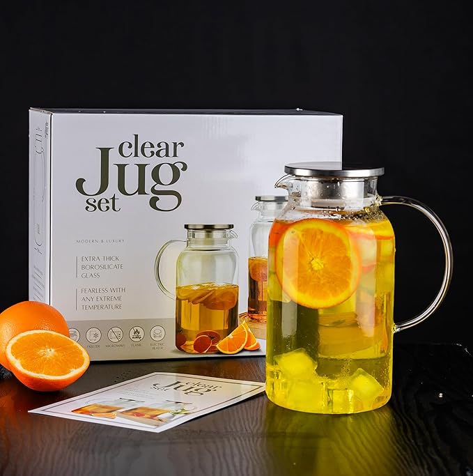Round Glass Pitcher with Lid & Spout, 2 Pack 1.8L 60 Oz – Water Pitcher with Handle for Fridge, Brosilicate Glass Carafe Hot & Cold Drink, Large Jug for Icead Tea Coffe Juice, Jarra De Vidrio Con Tapa