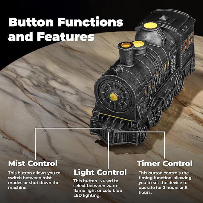 OMEO Silver Small Train Aromatherapy Humidifier & Essential Oil Diffuser - Dual Mist, Quiet Ultrasonic, 300ML Tank, Remote Control, LED Light, Air Purifier for Home, Office, and Bedroom Use