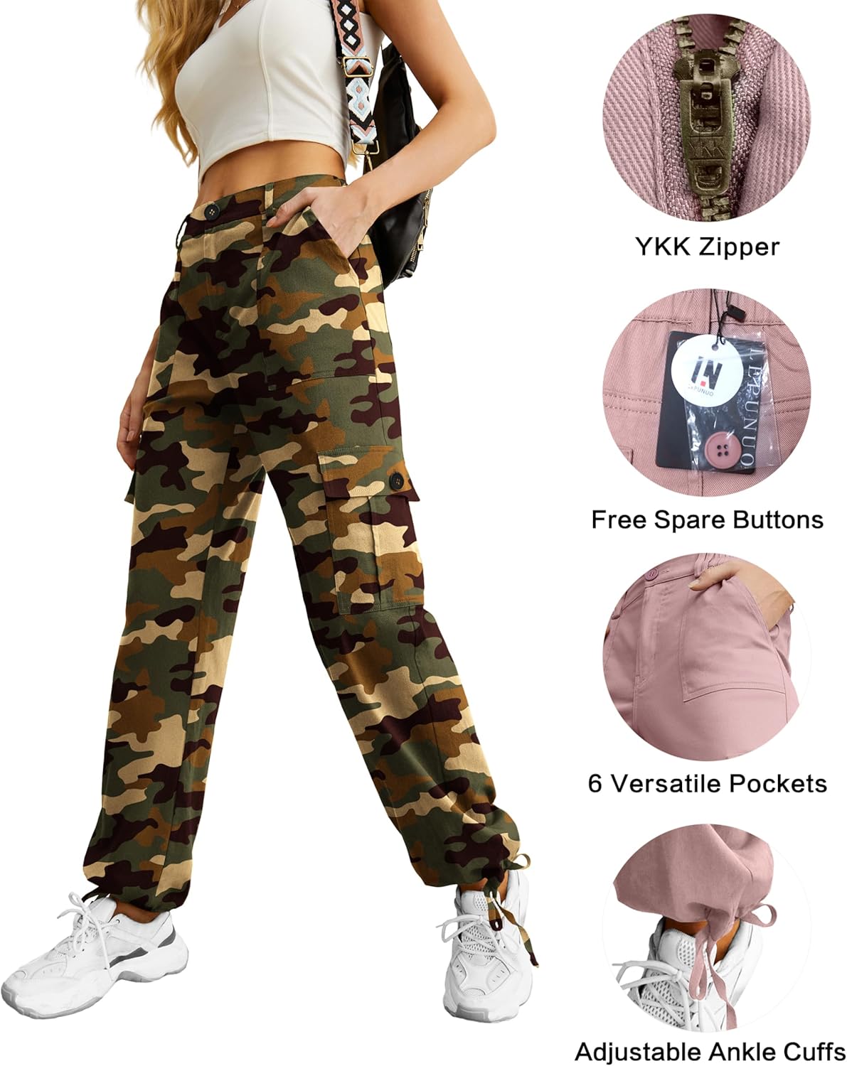 Lepunuo Women's High Waisted Cargo Pants Travel Y2K Streetwear Baggy Stretchy Pants with 6 Pockets Drawstring Ankle Cuffs