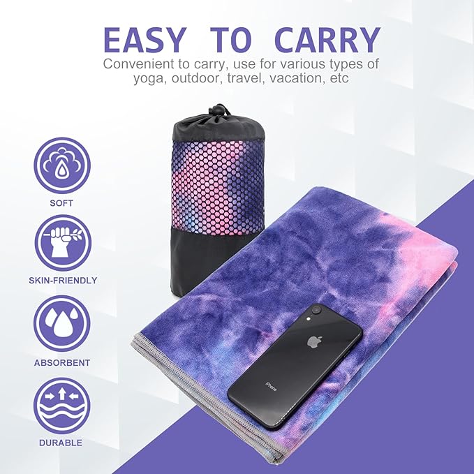 Eunzel 2 Pack Yoga Towel,Hot Yoga Mat Towel with Grip Dots Sweat Absorbent Non-Slip for Hot Yoga, Pilates and Workout 24" x72，Purple & Blue/Green & Purple (2 Pack)-FlexoryFit