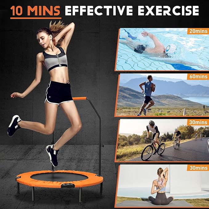 HYD-Parts 40" 48" Mini Trampoline for Adults and Kids Exercise Rebounder with Adjustable Bar Fitness Trampoline Indoor Max Load 330 440lbs-FlexoryFit