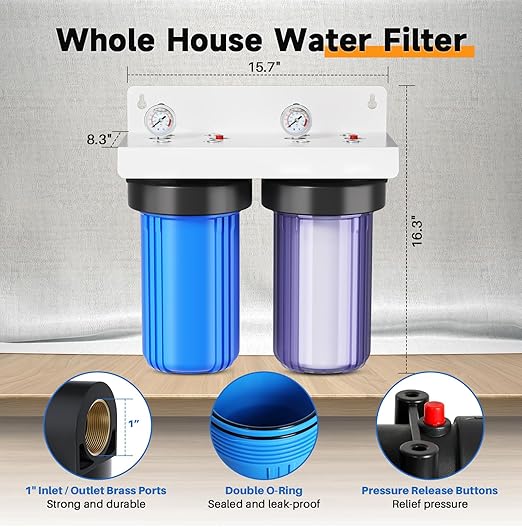 PUREPLUS 2-Stage Whole House Water Filtration System – 10" x 4.5" Universal Clear Housing, NSF/ANSI 42 Certified Filters, 1” Inlet/Outlet, Pressure Gauges – Reduces Chlorine, Odor, Sediment & Rust