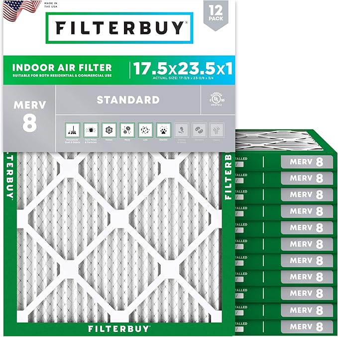 Filterbuy 17.5x23.5x1 Air Filter MERV 8 (MPR 700) Dust Defense Replacement (12-Pack), Electrostatic Pleated HVAC AC Furnace Filters, Made in USA (Actual Size: 17.38 x 23.38 x 0.75)