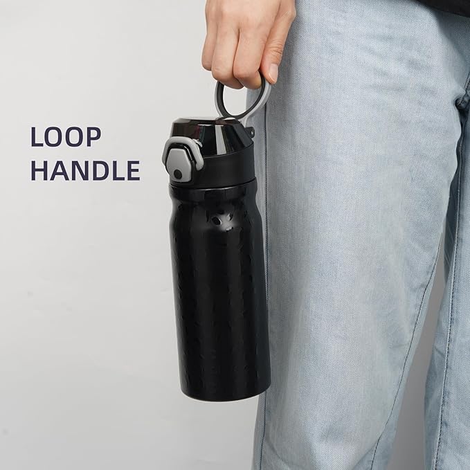 Insulated Water Bottle with Straw and Carry Loop,18 oz Stainless Steel Double Wall Vaccum Metal Water Flask with Leak-proof Lid,Black Leopard-FlexoryFit