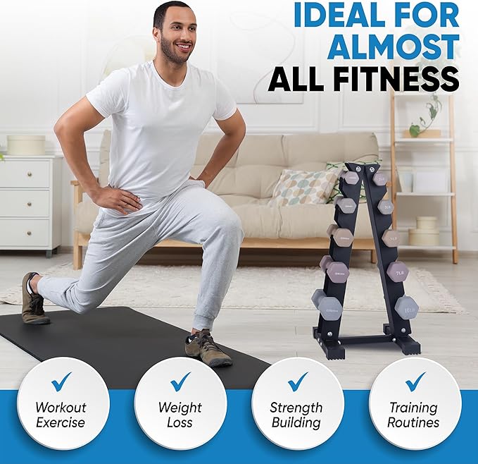 Dumbbell Set with Rack - Neoprene Coated Weights with Stand - Hex Color Coded Dumbell Pairs 1-20 LBs-FlexoryFit